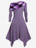 Plus Size Skew Neck Foldover Cinched Plaid Handkerchief Midi Knitted Dress -  