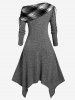 Plus Size Skew Neck Foldover Cinched Plaid Handkerchief Midi Knitted Dress -  