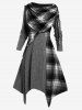 Plus Size Skew Neck Foldover Cinched Plaid Handkerchief Midi Knitted Dress -  