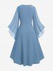 Plus Size Ruched Lace Up Mesh Bell Sleeves Textured Split Dress -  