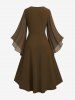 Plus Size Ruched Lace Up Mesh Bell Sleeves Textured Split Dress -  