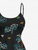 Robe camisole hawaïenne grande taille à imprimé cocotier, feuilles tropicales et oiseaux - Noir 4X