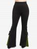 Gothic Lace Up Two Tone Godet Hem Pull On Flare Pants -  