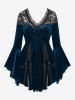 Gothic Plus Size Lace-up Cinched Ruched Lace Trim Velvet Flare Sleeves Top -  