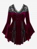 Gothic Plus Size Lace-up Cinched Ruched Lace Trim Velvet Flare Sleeves Top -  