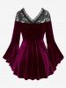 Gothic Plus Size Lace-up Cinched Ruched Lace Trim Velvet Flare Sleeves Top -  