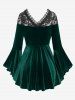 Gothic Plus Size Lace-up Cinched Ruched Lace Trim Velvet Flare Sleeves Top -  