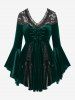 Gothic Plus Size Lace-up Cinched Ruched Lace Trim Velvet Flare Sleeves Top -  