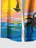 Chemise hawaïenne grande taille à imprimé cocotiers, paysage marin, soleil et nuages, boutons et poches pour homme - Jaune XL