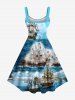 Robe débardeur hawaïenne grande taille à imprimé paysage marin, nuages, navires et croisière - Bleu Ciel XS