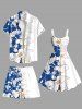 Plus Size Hibiscus Flower Leaf Colorblock Print Hawaii Brach Shorts For Men -  