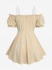 Plus Size Cold Shoulder Puff Sleeve Ruched Bust Elastic Waist Top with Removable Shoulder Strap -  
