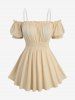 Plus Size Cold Shoulder Puff Sleeve Ruched Bust Elastic Waist Top with Removable Shoulder Strap -  
