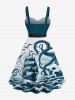 Plus Size Octopus Sailboat Sea Waves Bird Print Hawaii Cruise Button A Line Dress with Removable Belt -  