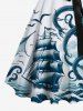 Plus Size Octopus Sailboat Sea Waves Bird Print Hawaii Cruise Button A Line Dress with Removable Belt -  