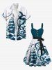 Plus Size Octopus Sailboat Sea Waves Bird Print Hawaii Cruise Button A Line Dress with Removable Belt -  