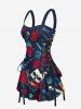Skull Rose Flower Heart Diamond Print Lace Up A Line Tank Dress -  