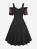 Robe débardeur gothique grande taille à œillets, lacets, froncée, croisée, florale, floquée, volants superposés, épaules dénudées, coupe trapèze - Rouge foncé 1X | US 14-16