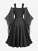 Gothic Plus Size Rose Floral Glitter Flocking Mesh Lace Trim Ruffles Tulip Hem Cold Shoulder Asymmetrical Dress -  