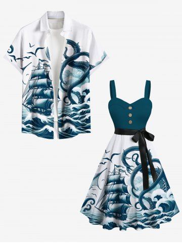 Octopus Sailboat Sea Waves Bird Print Plus Size Matching Hawaii Cruise Beach Outfit For Couples - DEEP GREEN