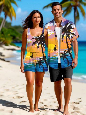 Matching Hawaii Shirt and Romper Plus Size Beach Outfit Coconut Tree Printed for Couples - YELLOW