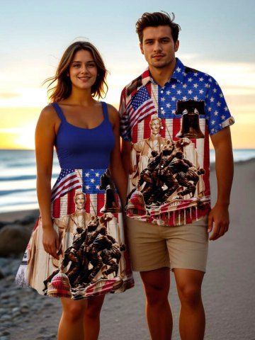 Patriotic American Flag Stone Statue Print Plus Size Matching Outfit For Couples - RED
