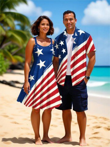 Patriotic American Flag Striped Print Plus Size Matching Hawaii Beach Outfit For Couples