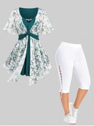 Plum Bossom Flowers Lace Hot Stamping 2 In 1 Top and High Waisted Lace-up Capri Pants Plus Size Outfit - WHITE