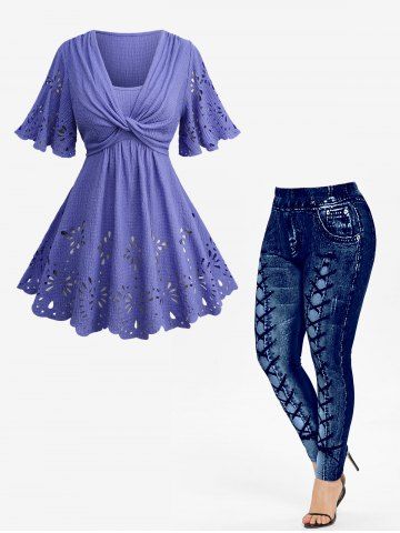 Twist Hollow Out Floral Plisse Top and High Waisted 3D Print Leggings Plus Size Outfit - PURPLE