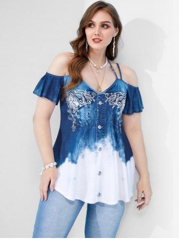 T-shirt à Imprimé 3D Denim à Epaule Dénudée de Grande Taille - DEEP BLUE - 5X | US 30-32