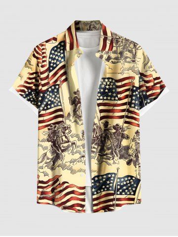 Plus Size Patriotic American Flag Horse Warrior Print Buttons Pocket Shirt For Men - LIGHT YELLOW - 6XL