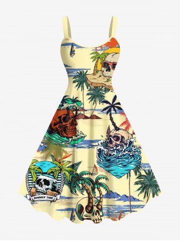 Plus Size Coconut Tree Skulls Sea Waves Print Hawaii Tank Dress - BEIGE - 2X