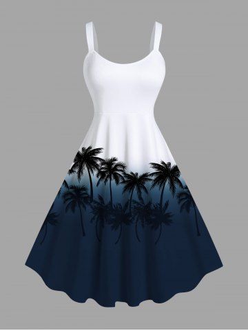 Plus Size Coconut Tree Ombre Colorblock Printe Hawaii Tank Dress