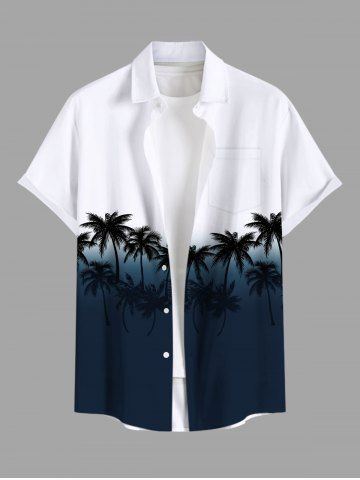 Plus Size Coconut Tree Ombre Colorblock Print Buttons Pocket Hawaii Shirt For Men - BLACK - S