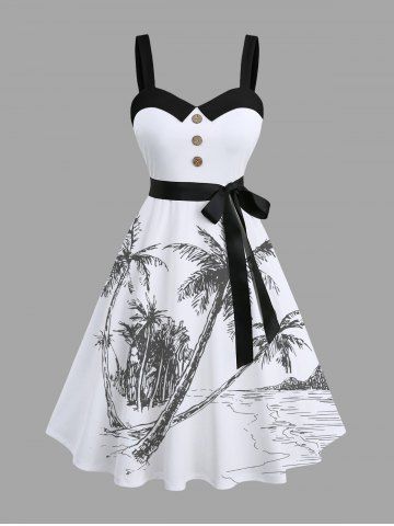 Plus Size Coconut Tree Seascape Print Buttons Turn Down Collar Hawaii Dress With Belt