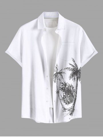 Plus Size Coconut Tree Seascape Print Buttons Pocket Hawaii Shirt For Men - WHITE - 3XL