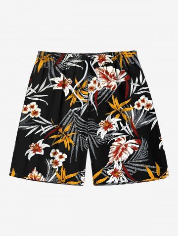 Plus Size Floral Tropical Leaves Print Hawaii Drawstring Beach Shorts For Men - BLACK - 8XL