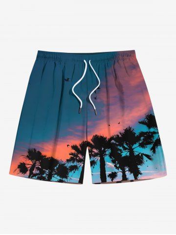 Plus Size Coconut Tree Ombre Sky Print Hawaii Drawstring Beach Shorts For Men - DEEP GREEN - 8XL