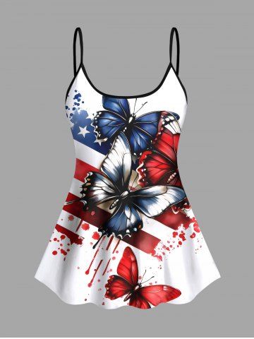 Painting Splatter Patriotic American Flag Butterfly Print Hawaii Tankini Top(Adjustable Shoulder Strap) - WHITE - 5X