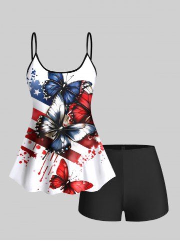 Painting Splatter Patriotic American Flag Butterfly Print Hawaii Tankini Top and Swim Bottom Plus Size Matching Set - WHITE