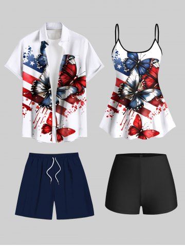 Painting Splatter Patriotic American Flag Butterfly Print Shirt Swimsuit Plus Size Matching Outfit For Couples