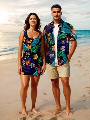 Matching Hawaii Shirt and Romper Plus Size Beach Outfit Flower Flamingo Tropical Leaf Print For Couples