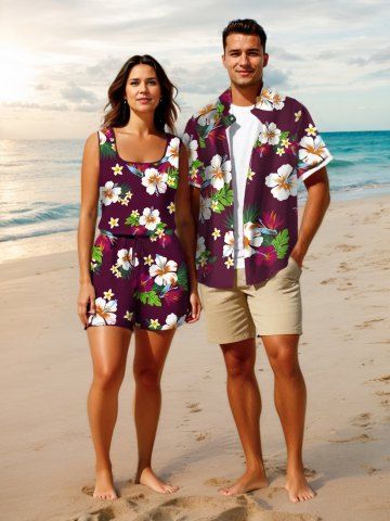 Matching Hawaii Shirt and Romper Plus Size Beach Outfit Tropical Leaf Hibiscus Print For Couples