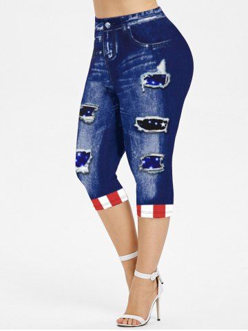 Plus Size 3D Ripped Denim Patriotic American Flag Print Capri Leggings - BLUE - L