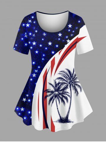 Plus Size Coconut Tree Patriotic American Flag Curve Print Hawaii T-shirt - BLUE - 6X