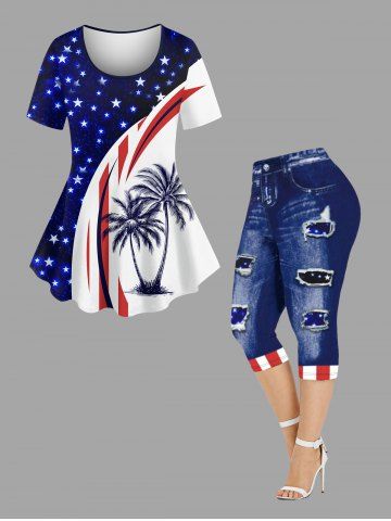 Coconut Tree Patriotic American Flag Curve Print Hawaii T-shirt and Leggings Plus Size Matching Set - BLUE