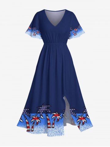 Plus Size Patriotic American Flag Coconut Tree Contrast Colorblock Print Hawaii Split Pocket A Line Midi Dress