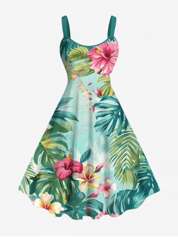 Plus Size Tropical Leaf Hibiscus Flowers Print Hawaii Tank Dress - GREEN - 6X