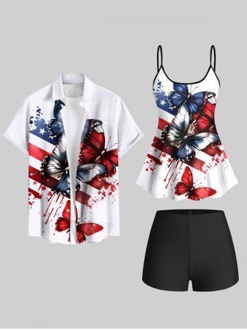 Painting Splatter Patriotic American Flag Butterfly Print Shirt Swimsuit Plus Size Matching Outfit For Couples
