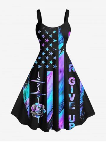 Plus Size Ombre Striped Letter Rose Flower Patriotic American Flag Print A Line Tank Dress - BLACK - XXS
